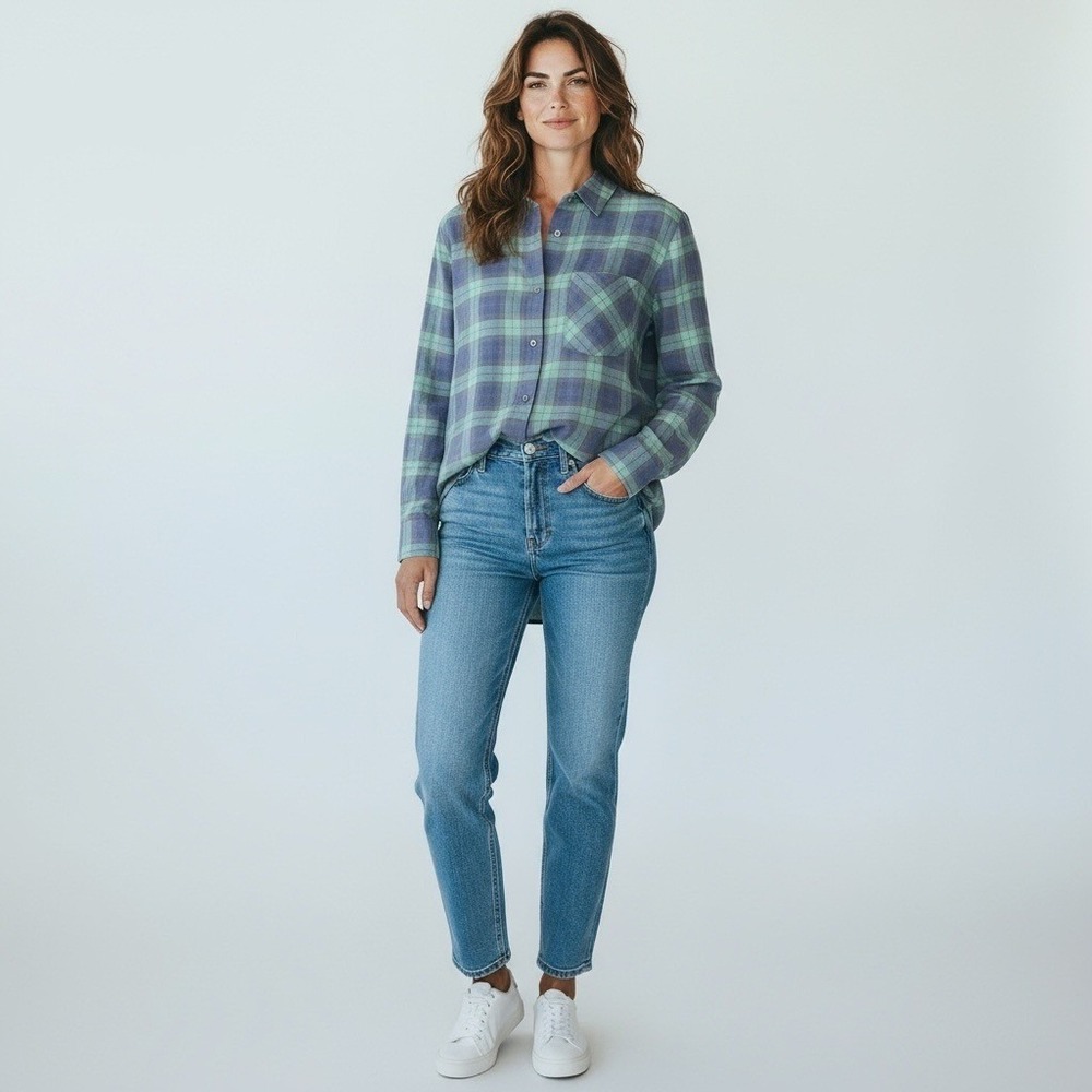 UNTUCKit Grenache‎ Blue Green Plaid Button Up Size 2 Regular Long Sleeve Casual
